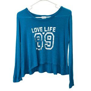 LoLo Loose Flowy Top Cropped Love Life 89 Aqua Blue size L Long Sleeve Y2K